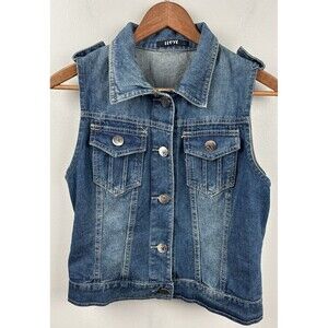 L Love Faded Blue Denim Jean Vest Jacket Large